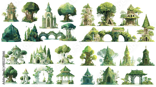 Collection of fantasy forest buildings featuring tree houses, stone arches, temples, towers, and nature inspired structures. Ideal for game design, fantasy worlds, and magical environment art.