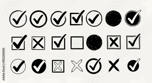 A diverse collection of hand-drawn checkmark and cross icons in various styles, including circles and squares, for design elements.