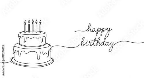 Continuous line art drawing of a two-tier birthday cake with five lit candles and the handwritten text 'happy birthday' on a white background.