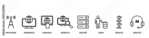 Web hosting banner vector illustration concept with icon of provider, web space, domain, website, server, data, traffic and service