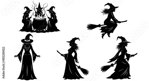 Collection of black witch silhouettes, including witches around a cauldron, flying on brooms, and standing figures, perfect for Halloween designs.