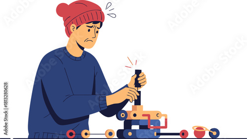 Man in beanie struggling to assemble toy on christmas morning with instructions clean professional vector illustration