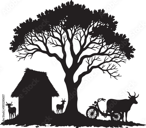 Silhouette of thatched hut tree goats and cart with bull