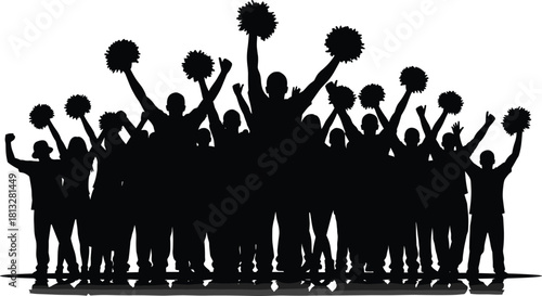 Cheerful energetic crowd silhouette holding pom poms celebrating together, expressing unity, excitement, team spirit, festive atmosphere, dynamic event illustration for stock use