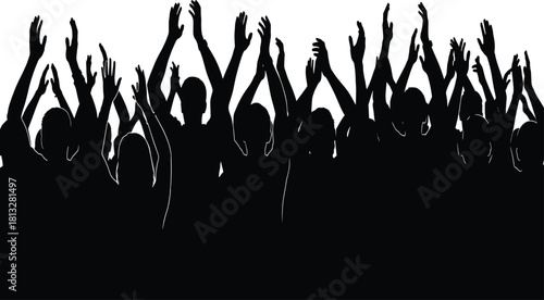 Crowd silhouette with raised hands in celebration, black vector for unity, concert, rally, protest, event, and social themes