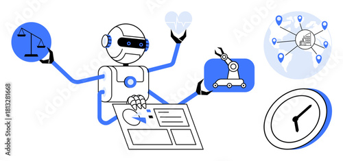 Robot multitasks by handling scales of justice, a robotic arm, heart monitoring, a network map, and tasks on a digital screen. Ideal for AI, technology, robotics, productivity healthcare law