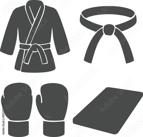 Martial arts gear silhouette including gi belt gloves and mat