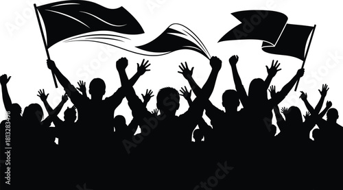 Energetic cheering crowd silhouette waving large flags with raised hands, celebrating unity, excitement, and team spirit in a dynamic festive event illustration