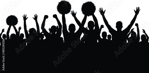 Energetic cheering crowd silhouette with raised hands and pom poms celebrating together, expressing unity, excitement, joyful atmosphere, dynamic festive event illustrationv