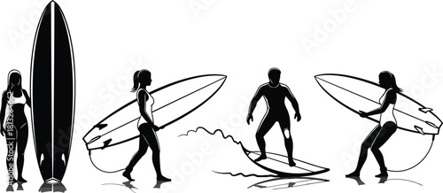 Collection of surfer silhouettes, man riding wave, woman holding surfboard, black vector illustration isolated on white background, summer beach lifestyle, water sport set