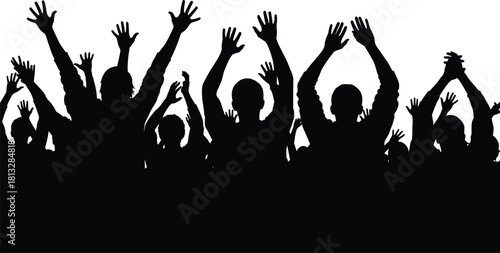 Energetic cheering crowd silhouette with raised hands celebrating together, vibrant audience excitement, dynamic festival atmosphere, joyful event illustration for stock content