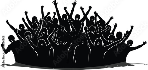 Energetic cheering crowd silhouette with raised hands celebrating together, expressing unity, excitement, joyful atmosphere, dynamic event illustration perfect for vibrant stock content