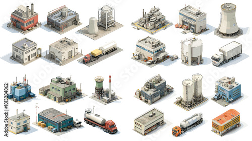 Set of industrial buildings and energy facilities including factories, power plants, storage tanks, trucks, and utility structures. Perfect for engineering, industry, and infrastructure themes.