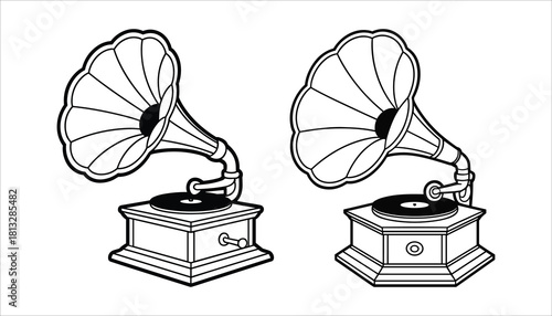 Two vintage gramophones with horns and turntables depicted in black and white line art phonograph record player