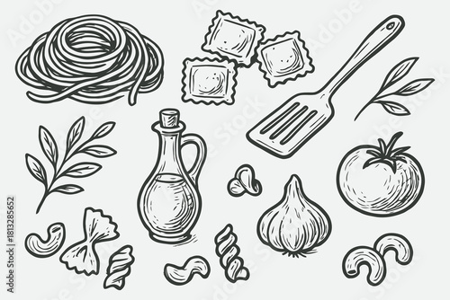 Hand-Drawn Italian Pasta Doodle Collection – Spaghetti, Ravioli & Kitchen Elements