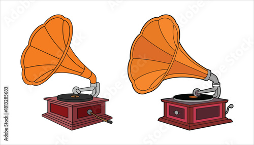Two vintage gramophones with orange horns and red wooden bases on a white background phonograph record player