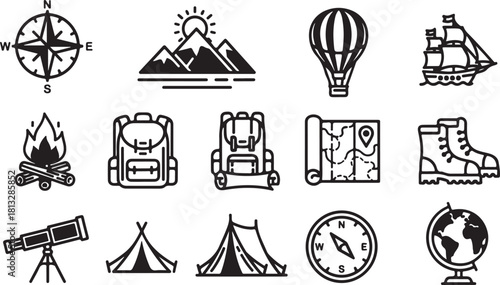 Adventure Travel Icon Set – Camping, Hiking, Exploration Symbols

Outdoor Exploration Line Icons – Mountains, Ships, Maps & More

Travel and Adventure Outline Icons Pack for Outdoor Activities
