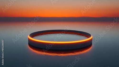 Circular platform glows orange in tranquil sunset over water
