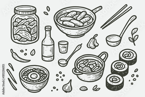 Korean Comfort Food Doodle Set – Hand-Drawn Classic Dishes & Ingredients