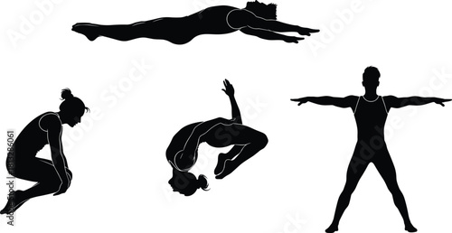 Gymnastics and Acrobatics Poses Silhouettes Vector Set, Man and Woman Performing Backflip, Tucked Jump, and Horizontal Stretch, Fitness, Flexibility, and Athletic Movement Graphic, Isolated on White.
