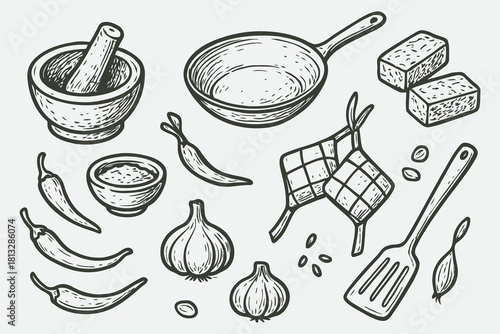 Indonesian Kitchen Doodle Set – Hand-Drawn Utensils, Spices & Traditional Foods