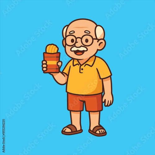 Cartoon Grandfather with Glasses Holding a Can of Crisps Smiling.