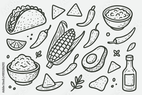 Mexican Food Line Art Doodle Set – Hand-Drawn Tacos, Nachos & Spicy Icon
