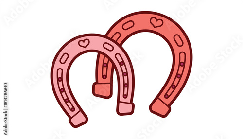 Two pink and coral horseshoes with hearts and nail holes on white background luck lucky
