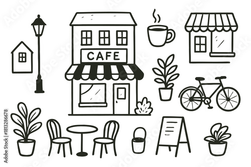Minimal Cafe Street Sketch – Urban Hand-Drawn Monochrome Doodle Se