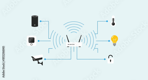 Smart Home Network Illustration Connected Devices Wireless Router Security Camera Thermostat Light Bulb