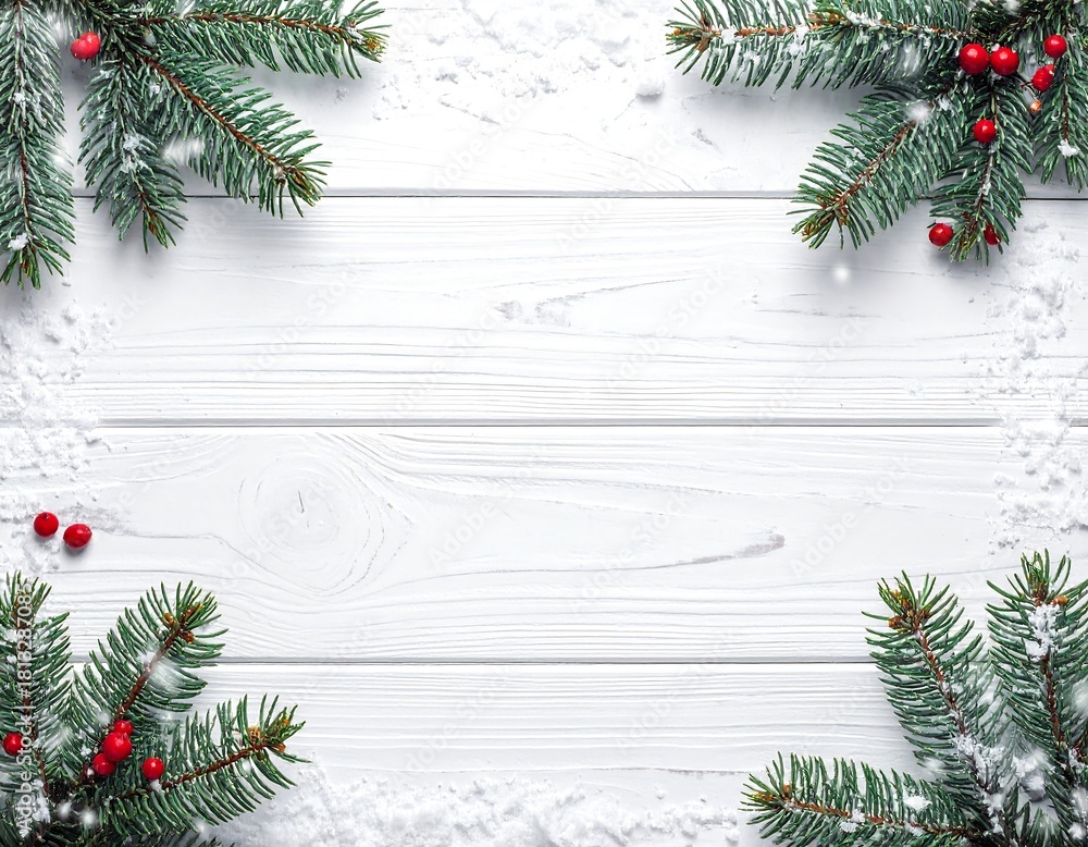 Christmas and New Year background with fir branches and snowfall on wooden white board