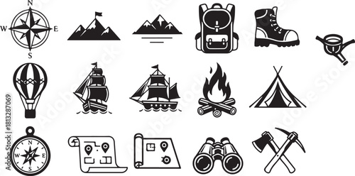 Adventure Travel Icon Set – Camping, Hiking, Exploration Symbols

Outdoor Exploration Line Icons – Mountains, Ships, Maps & More

Travel and Adventure Outline Icons Pack for Outdoor Activities