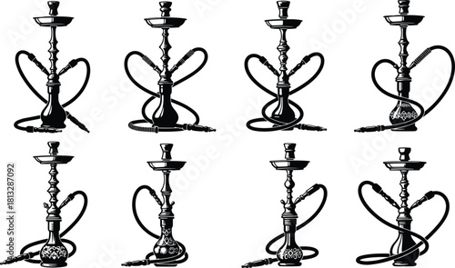 Hookah Shisha Smoking Pipe Silhouettes Vector Illustration Set, Traditional Water Pipes with Hose and Mouthpiece, Oriental Relaxation, Cafe Lounge, and Tobacco Culture Graphic, Isolated on White.