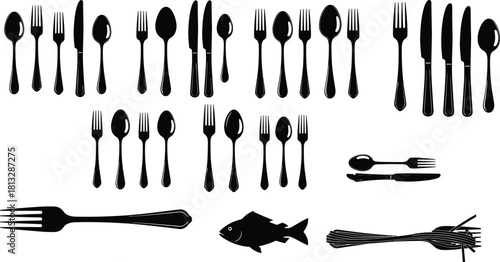 Kitchen Utensils and Dinnerware Silhouettes Vector Illustration Set, Forks, Spoons, Knives, and Fish Design, Tableware Collection for Restaurant Menu and Catering Graphic Element, Isolated on White.