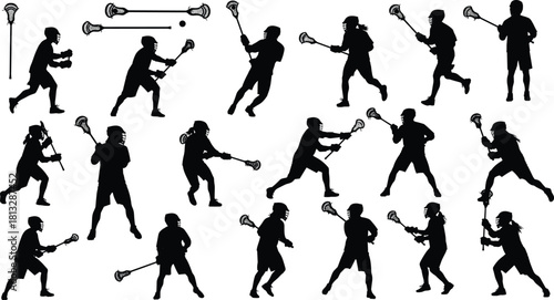 Lacrosse Players Silhouettes Vector Illustration Set, Men and Women Athletes Playing with Sticks and Ball, Action Poses, Team Sport, Competition, and Active Lifestyle Graphic, Isolated on White.