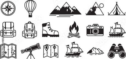 Adventure Travel Icon Set – Camping, Hiking, Exploration Symbols

Outdoor Exploration Line Icons – Mountains, Ships, Maps & More

Travel and Adventure Outline Icons Pack for Outdoor Activities