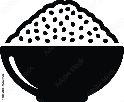 Black and white icon of a bowl filled with rice grains food white background
