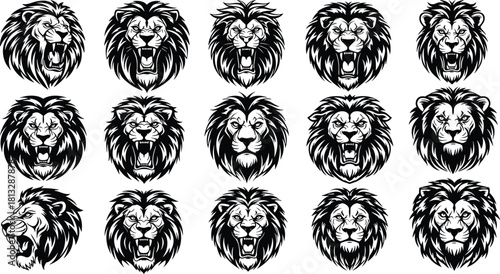 Lion Head Roaring and Angry Faces Vector Illustration Set, Majestic King of Beasts, Feline Aggression, Power, and Strength Mascot Design, Tattoo, and Sport Emblem Graphic, Isolated.