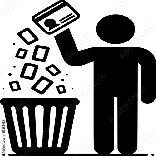 Disposal of Identity: A concise depiction of identity destruction, featuring a person discarding a card into a waste receptacle, embodying concepts of deletion and discarding.
