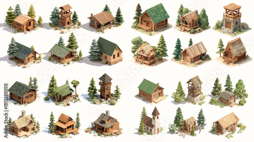 A cozy collection of forest cabin illustrations featuring wooden cottages, lookout towers, pine trees, and rustic woodland architecture in a peaceful outdoor style.
