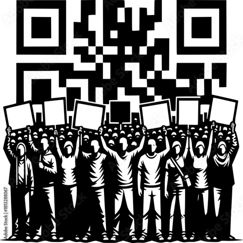 Digital Protest: A crowd of people holding placards against a big QR code, symbolizing the call for attention or protest on digital issue.