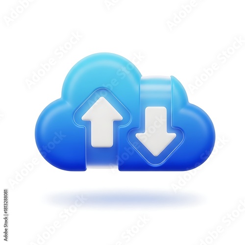 Cloud Storage Icon: A vibrant 3D rendering of a cloud with upward and downward arrows, representing seamless data transfer and digital connectivity in the modern era.