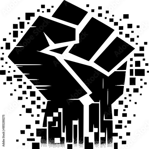 Symbol of Solidarity and Strength: A bold graphic captures a raised fist, a universal emblem of unity, resistance, and empowerment. The image speaks of collective resolve and the power of people.