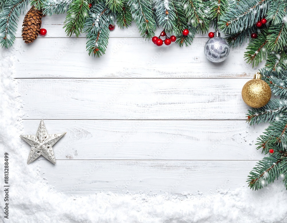 Christmas and New Year background with fir branches and snowfall on wooden white board