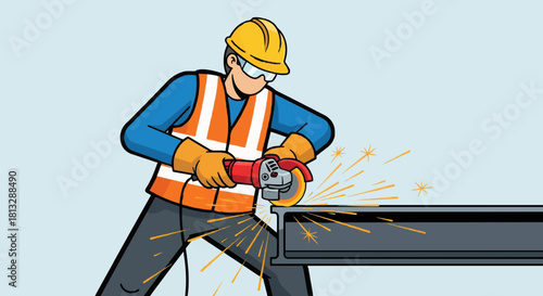 Cartoon construction worker cutting metal with angle grinder flat vector.