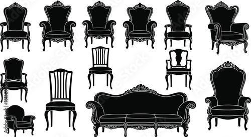 Luxurious vintage furniture silhouette collection, featuring baroque style armchairs, chairs, and ornate sofa, ideal for interior design, theater, and royal themed projects, isolated on white.