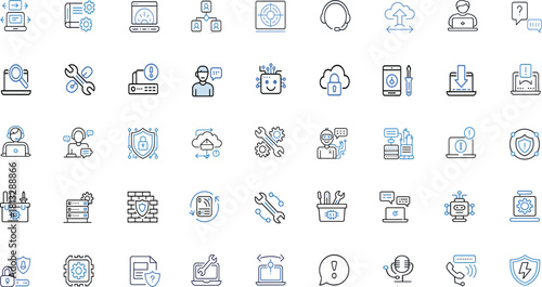 Tech Support Vector Icon Set – IT Helpdesk, Cybersecurity, Troubleshooting, AI Assistance, System Backup – Editable Stroke Modern Line Icons