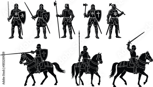 Medieval Knights and Crusader Soldiers Silhouettes Vector Set, Cavalry and Footmen in Full Armor Holding Swords, Shields, and Axes, Historical Warfare, 