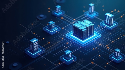 Centralized data server cluster connected with multiple distributed servers, illustrated with glowing blue lines and light dots, depicting a complex networking structure and high-tech digital...