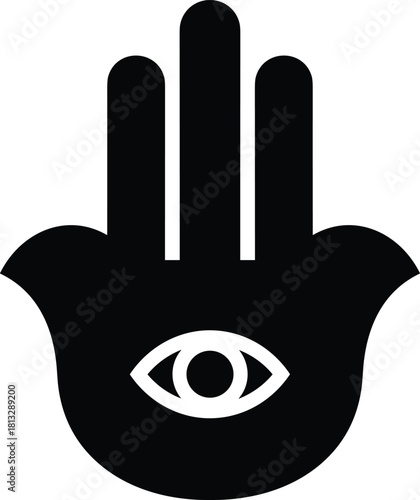 Black Hamsa Hand Symbol with White Eye Icon on White Background evil eye